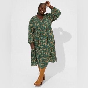 Torrid Midi Washable Gauze Smocked Bodice Long Sleeve Dress